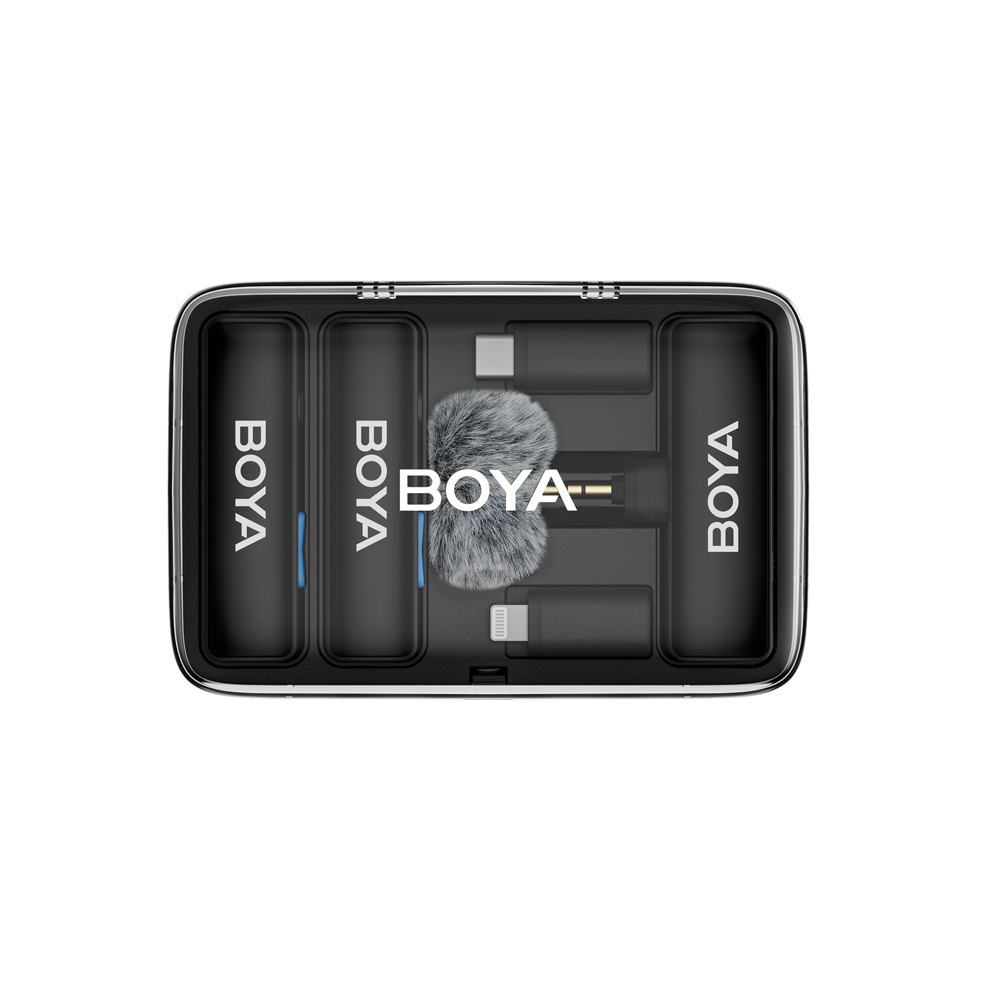 BOYALINK 2 Charging Case + Transmitter × 2+ Receiver ( USB-C Adapter + Lightning Adapter + 3.5 mm TRS Adapter + Fur windshield × 2 Top Side